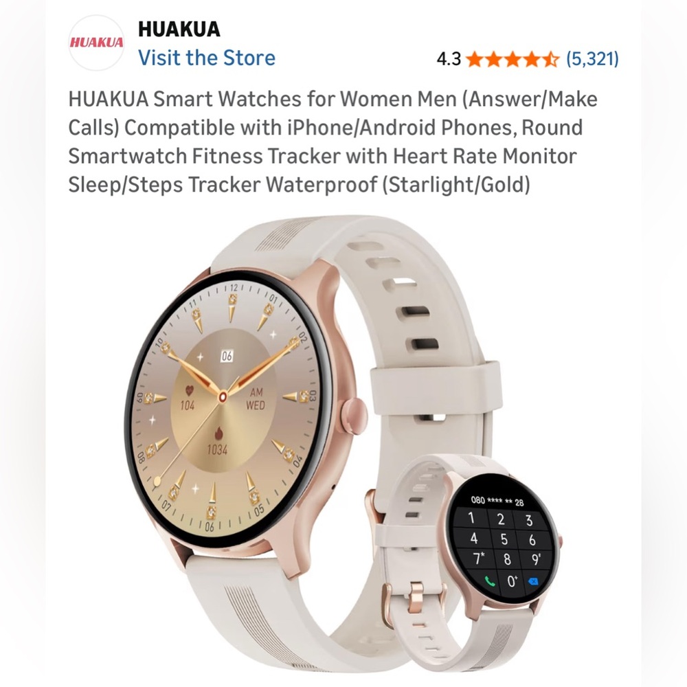 NIB Huakua SmartWatch,Unisex,Calls, Fitness,Health Tracker,Waterproof Ivory/Gold
